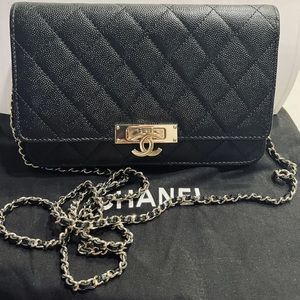 NIB Chanel Black Caviar Wallet On Chain Champagne HW MINI Crossbody Bag RECEIPT